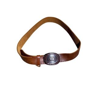 Women's Genuine Leather Western Boho Belt with Tooled Concho Buckle Brown